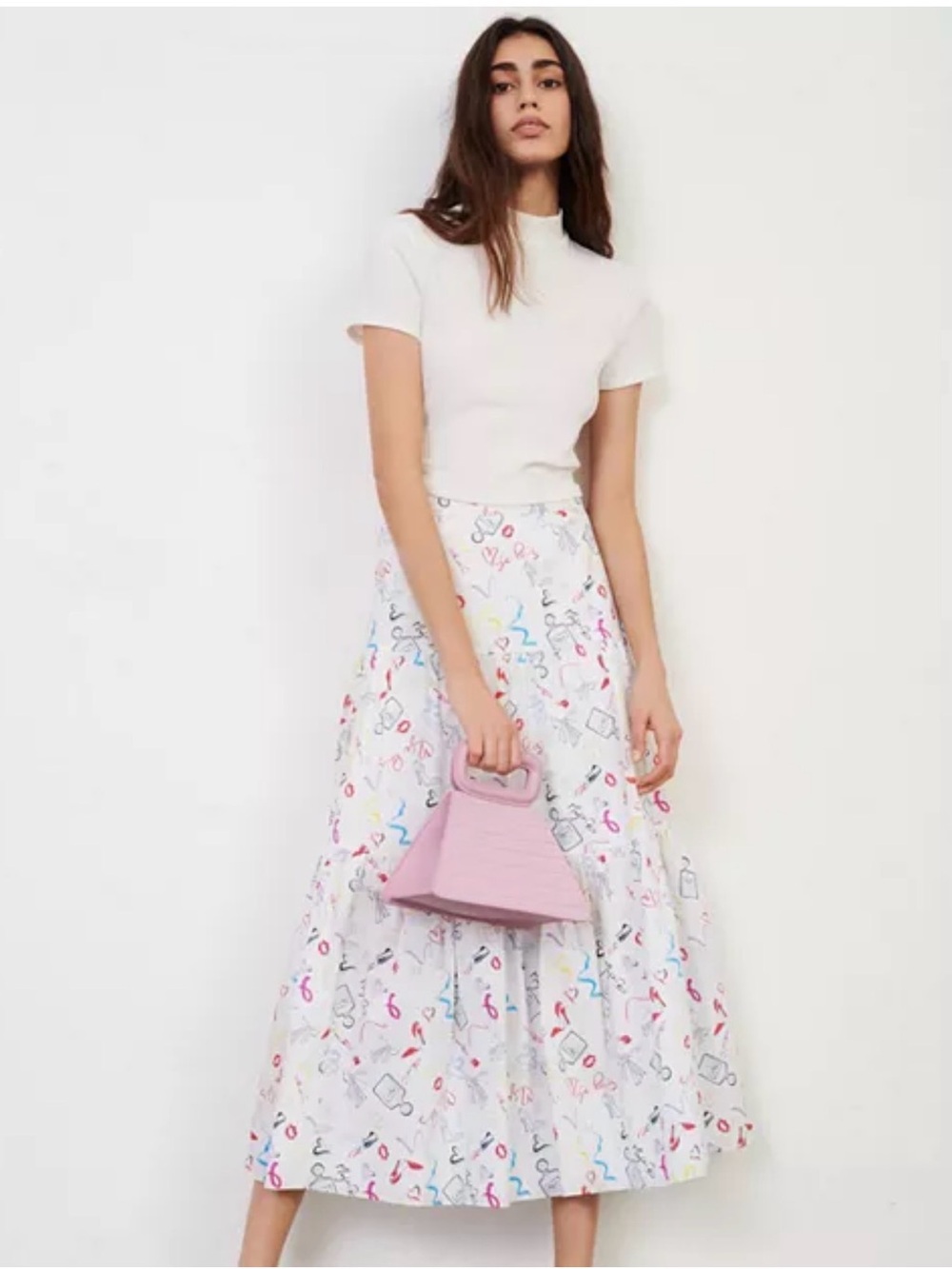 Maje Jupona White Tiered Mid-Maxi Skirt with Multicolor Doodle Print Size 36